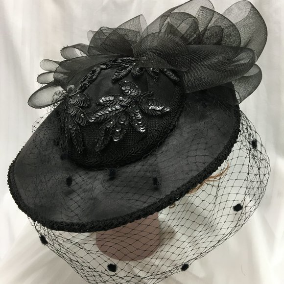 Black Fascinator w/Black Veil, Bow & Sequin Flower main image 5
